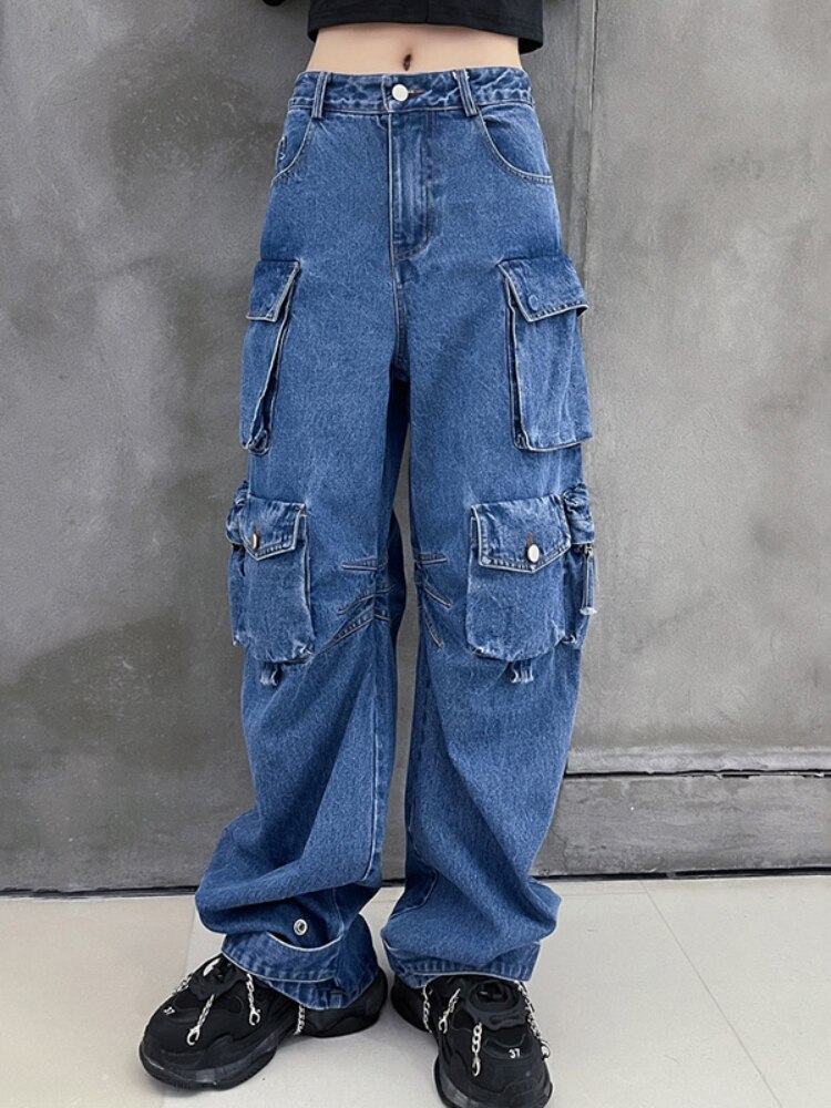 WeiYao Blue High Waist Cargo Jeans Women Multi Pockets Long Casual Denim Mom Jeans Harajuku 90s Retro Vintage Baggy Trousers
